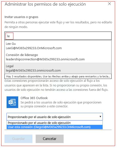 Captura de pantalla del cuadro de diálogo Administrar permisos de solo ejecución con acceso a conector de usuario.