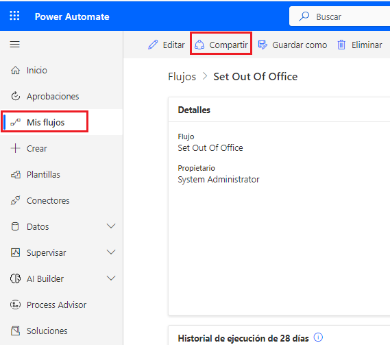 Captura de pantalla del flujo de la opción Compartir de Power Automate.