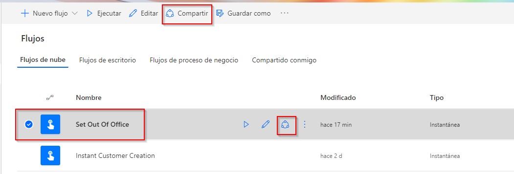 Captura de pantalla de la lista de flujos de la opción Compartir.