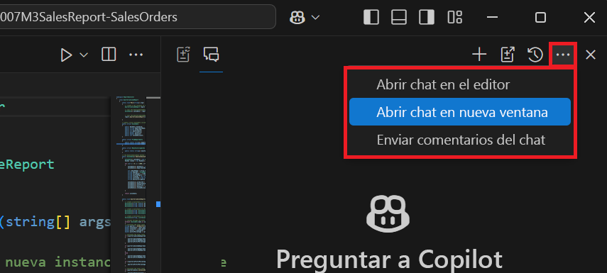 Screenshot que muestra la vista Chat respondiendo a una pregunta en Visual Studio Code.
