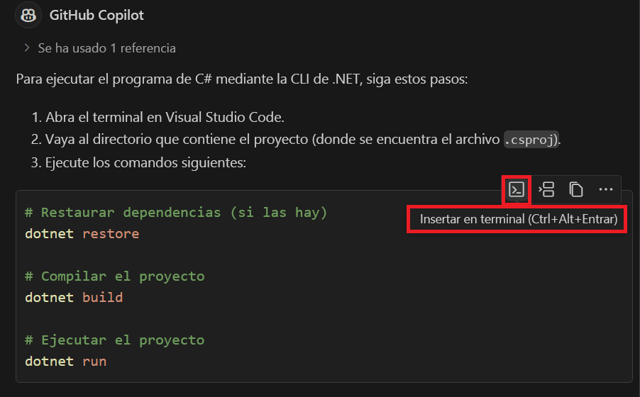 Captura de pantalla que muestra la opción Insertar en terminal en la vista Chat.