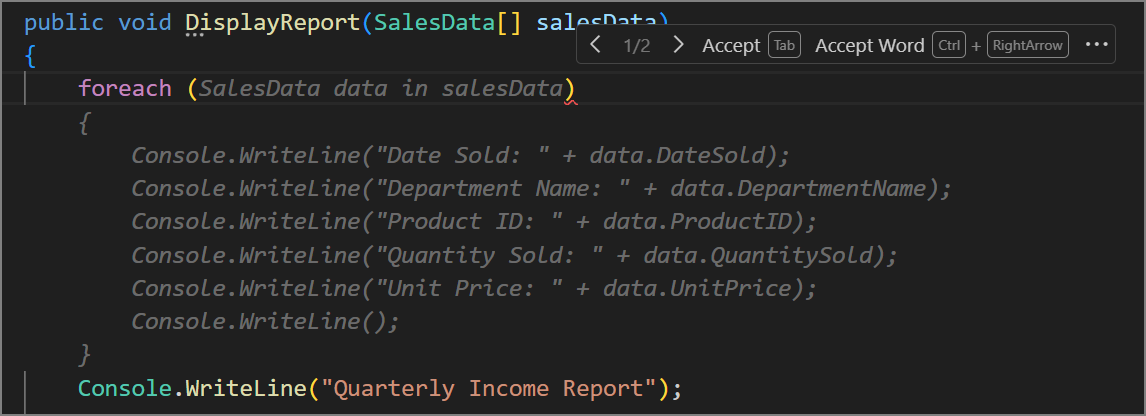 Captura de pantalla que muestra la finalización del código para un bucle foreach.
