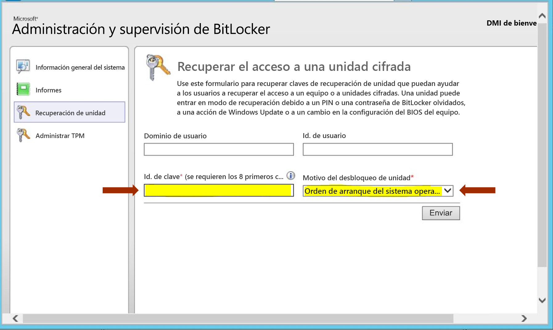 Captura de pantalla de Microsoft MBAM que solicita el keyID y el motivo para recuperar el acceso a una unidad cifrada.