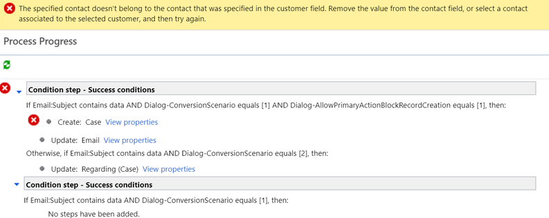 Captura de pantalla que muestra los detalles del error que indica que el contacto especificado no pertenece al contacto especificado en el campo Cliente.