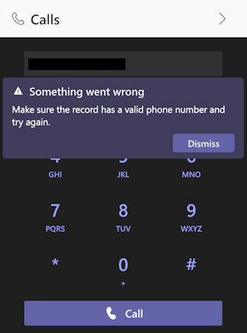 Captura de pantalla que muestra el error que se produce cuando un vendedor no puede realizar una llamada telefónica a un número RTC.