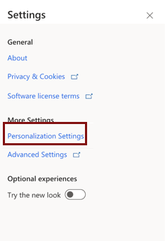 Captura de pantalla que muestra la opción Configuración de personalización.