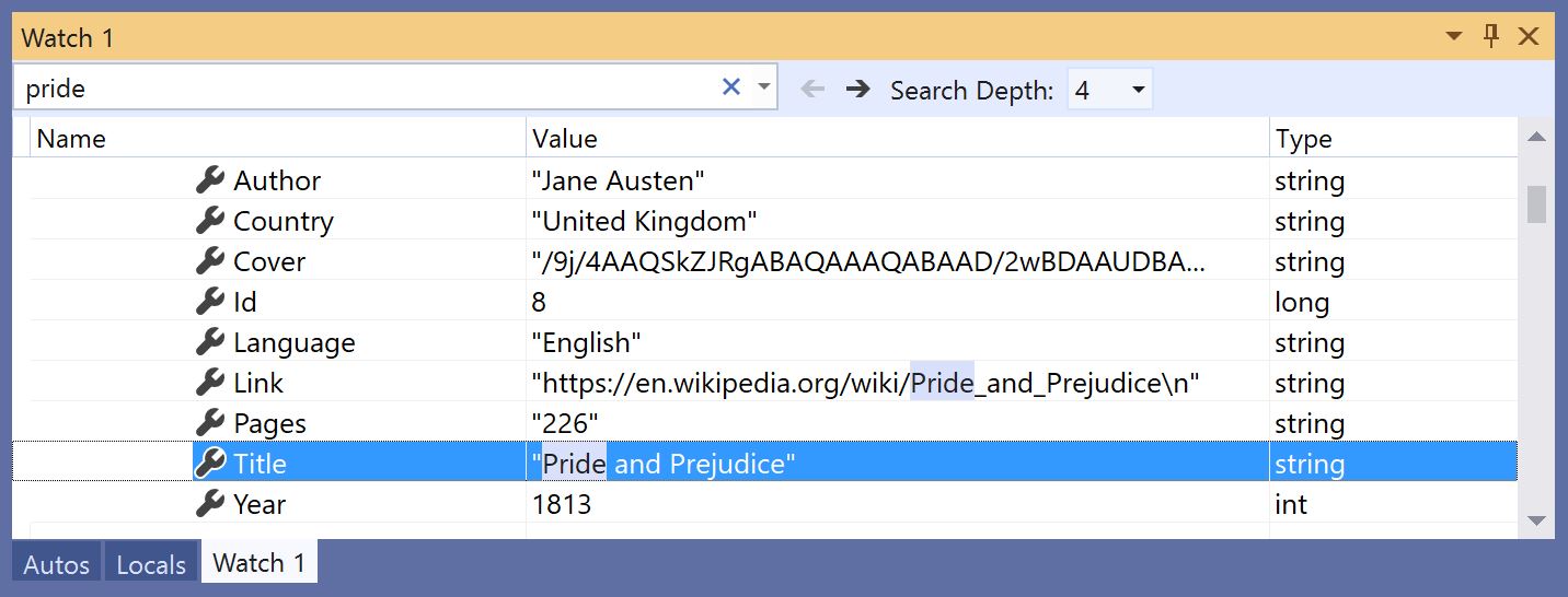 Captura de pantalla de buscar en la ventana de inspección.