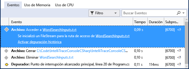 Captura de pantalla de la pestaña Eventos de la ventana Herramientas de diagnóstico de Visual Studio. Se selecciona un evento y se expande para mostrar los detalles.