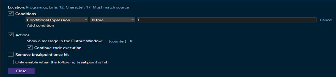 Captura de pantalla que muestra cuándo se cambia la expresión condicional.