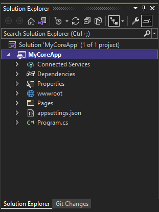 Captura de pantalla que muestra el proyecto MyCoreApp seleccionado y su contenido en el Explorador de soluciones en Visual Studio.