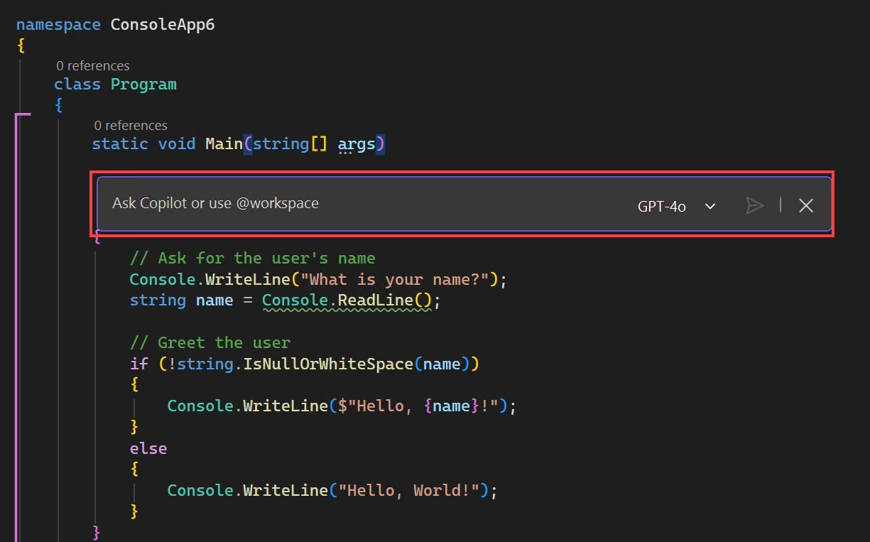 Captura de pantalla de la interfaz de chat en línea en la ventana del editor.