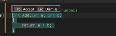 Captura de pantalla que muestra sugerencias para aceptar o modificar una sugerencia de código de Copilot de GitHub en Visual Studio.