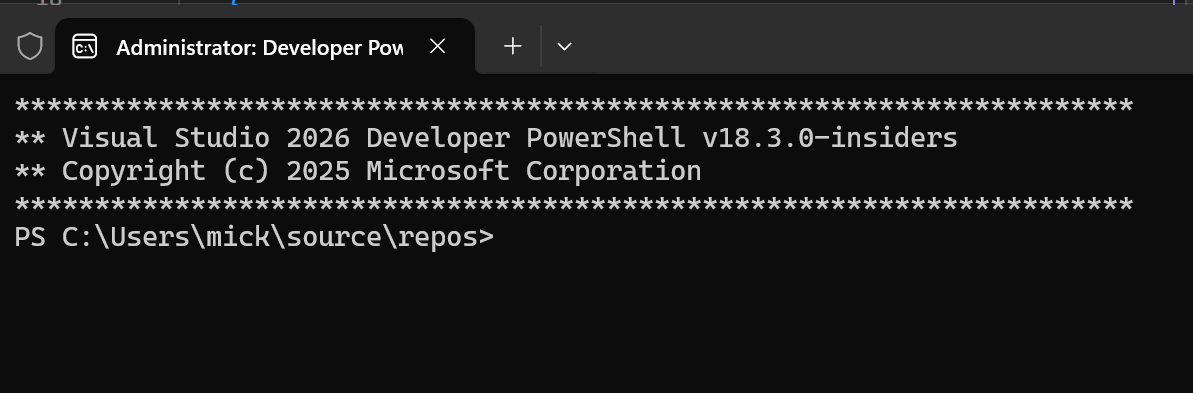 Captura de pantalla de la herramienta De PowerShell para desarrolladores en Visual Studio.