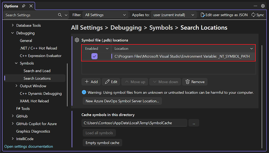 Captura de pantalla que muestra las opciones Herramientas, Opciones, Toda la configuración, Depuración, Símbolos, Ubicaciones de búsqueda.