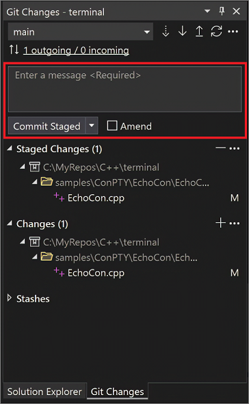 Captura de pantalla del cuadro de diálogo Cambios de Git en Visual Studio 2022.