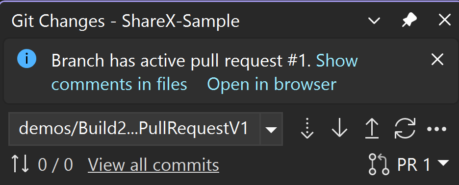 Captura de pantalla que muestra el vínculo para ver los comentarios en la ventana Cambios de Git.