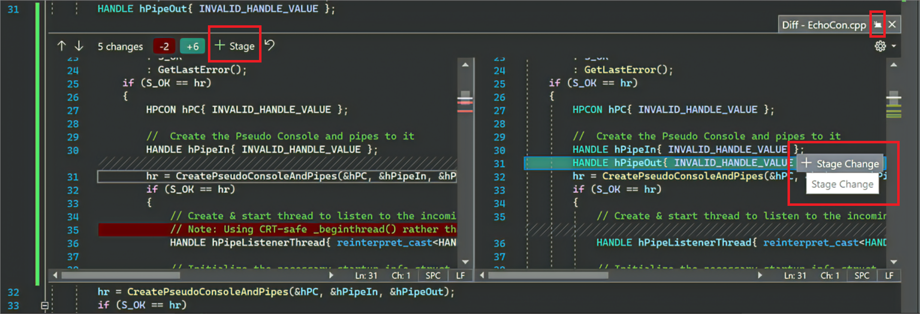 Captura de pantalla de la opción Cambio de fase en Visual Studio 2022.