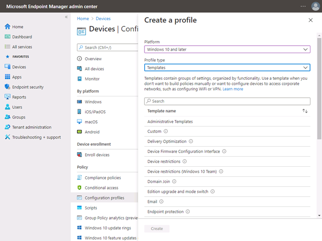En Perfiles de configuración, se muestra la página Crear un perfil, con la plataforma establecida en Windows 10 y versiones posteriores, y un tipo de perfil de plantillas.