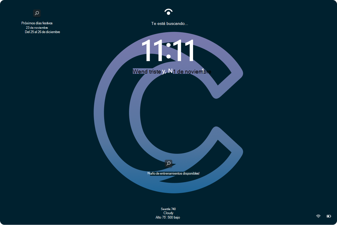 Captura de pantalla de la pantalla de bloqueo de Windows 11 con el contenido destacado de Windows habilitado sobre un fondo de pantalla de la organización.