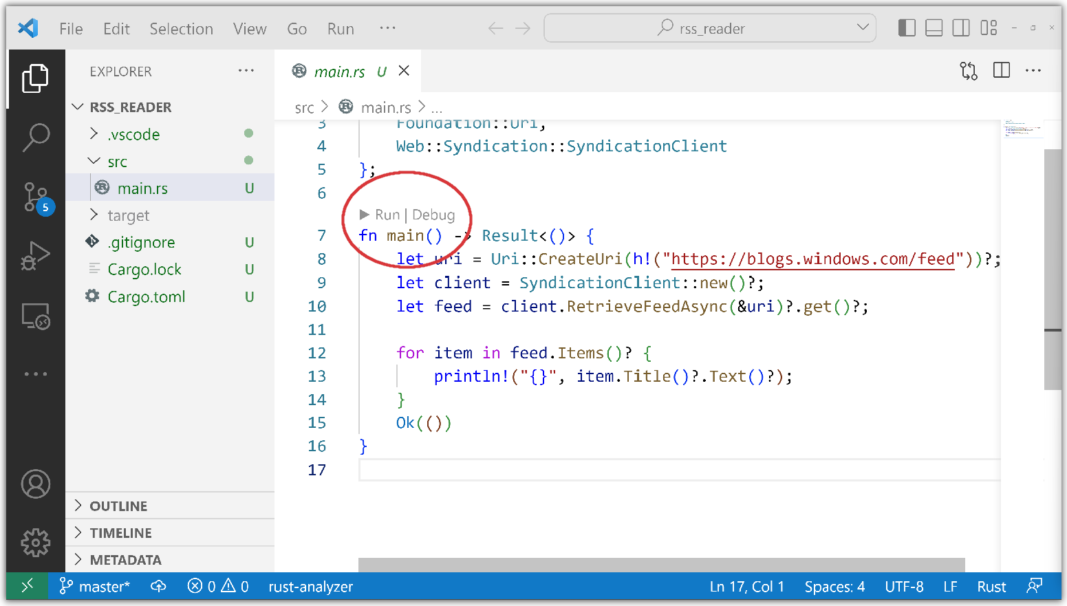 los comandos Depurar y Ejecutar integrados en el editor de texto