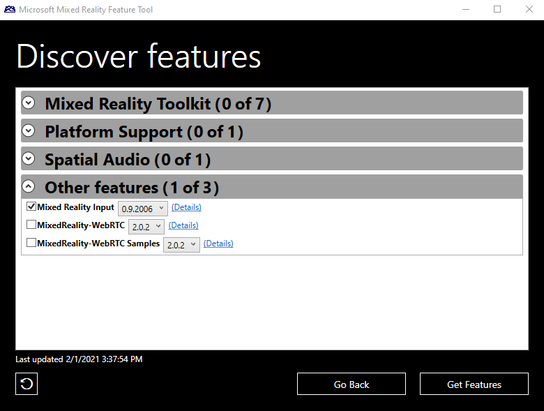 Mixed Reality ventana paquetes de feature tool con la entrada de realidad mixta resaltada