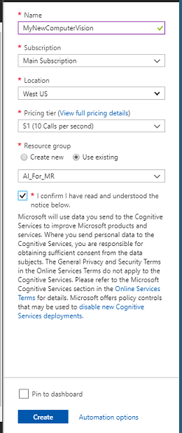 Captura de pantalla de la información de creación del servicio.