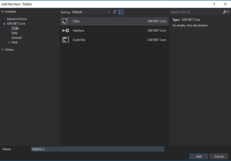 Captura de pantalla que muestra la nueva creación de clase 
