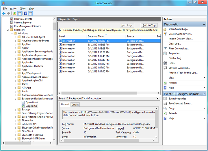 visualizador de eventos para los datos de depuración de tareas en segundo plano