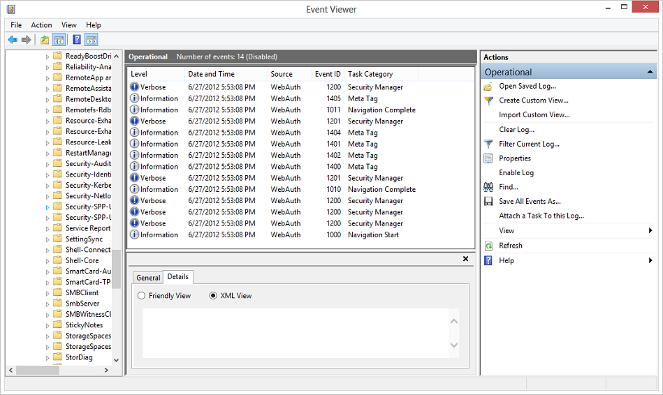 visor de eventos que muestra los registros operativos de autenticación web