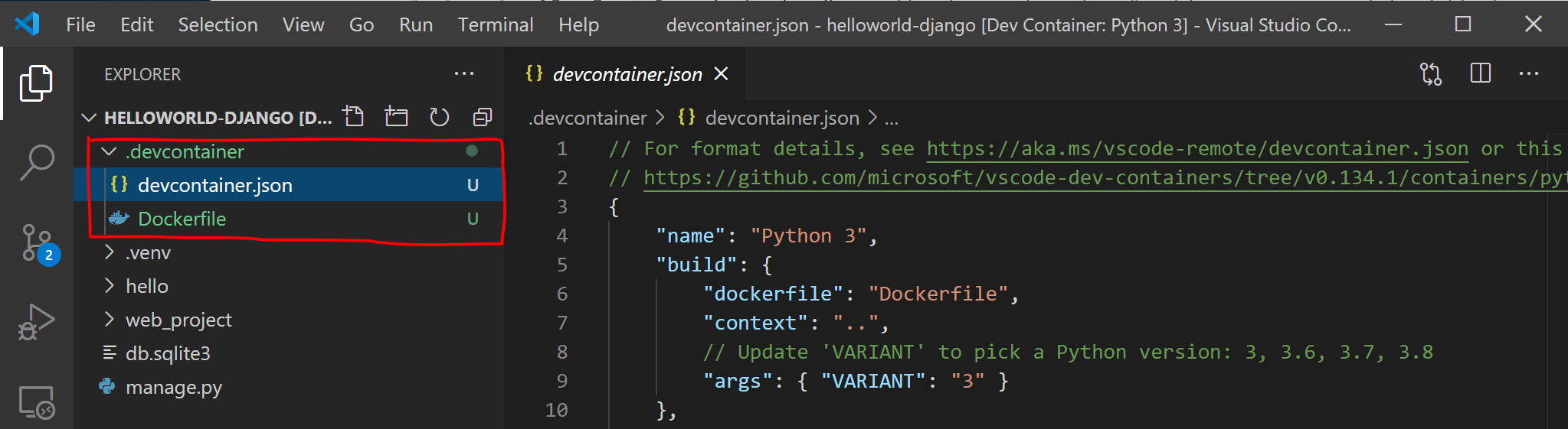 Carpeta .devcontainer de VS Code