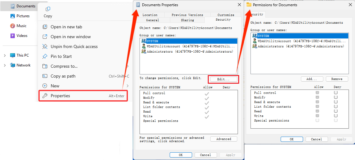 Ventanas de propiedades para ver o cambiar permisos en directorios NTFS