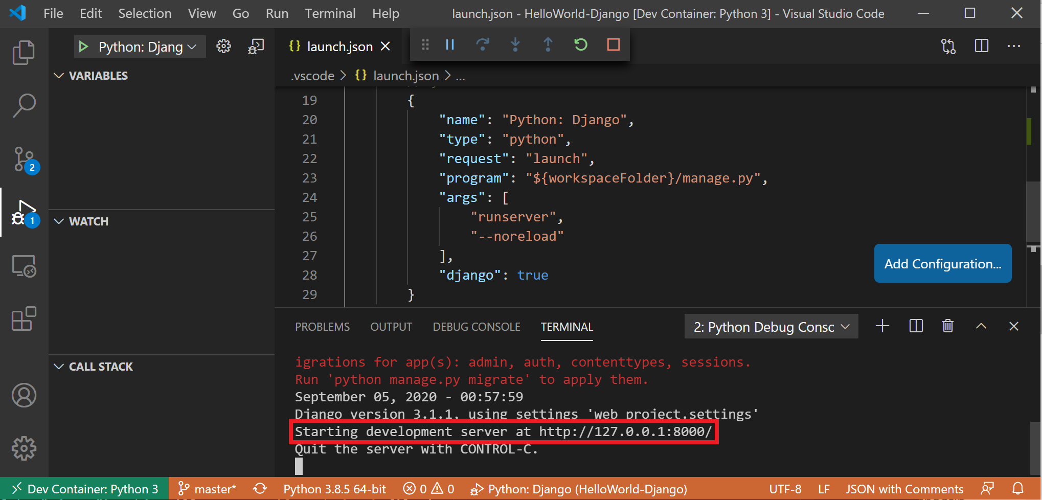 VS Code ejecutando un contenedor de Docker