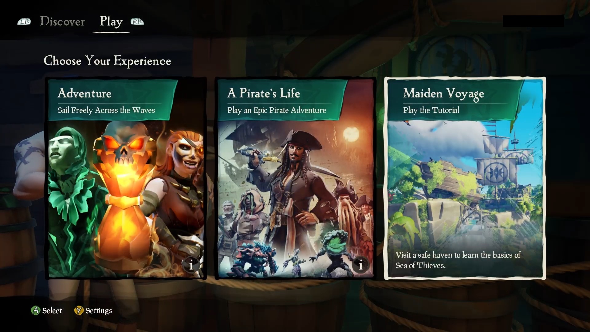 Captura de pantalla del juego Sea of Thieves que muestra «Elige tu experiencia» con «Maiden Voyage - Jugar al tutorial» seleccionado. 