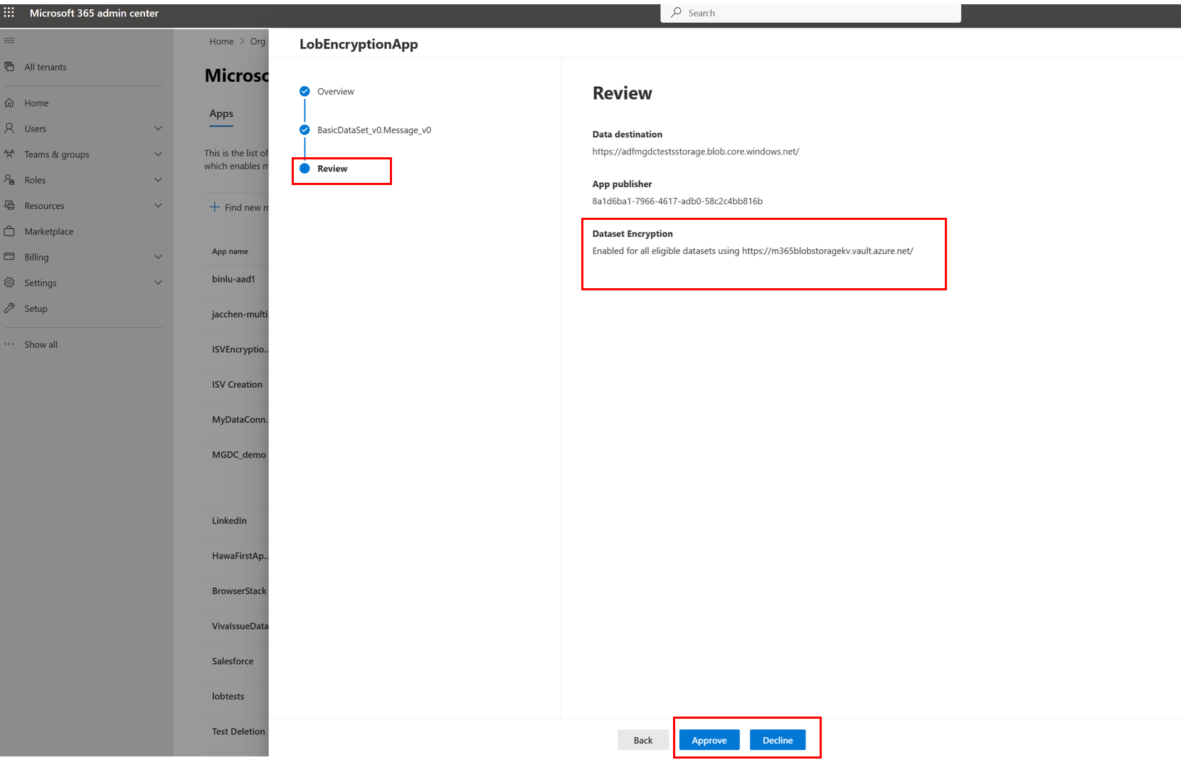 Screenshot of a Data Connect app with Review and Data Encryption highlighted
