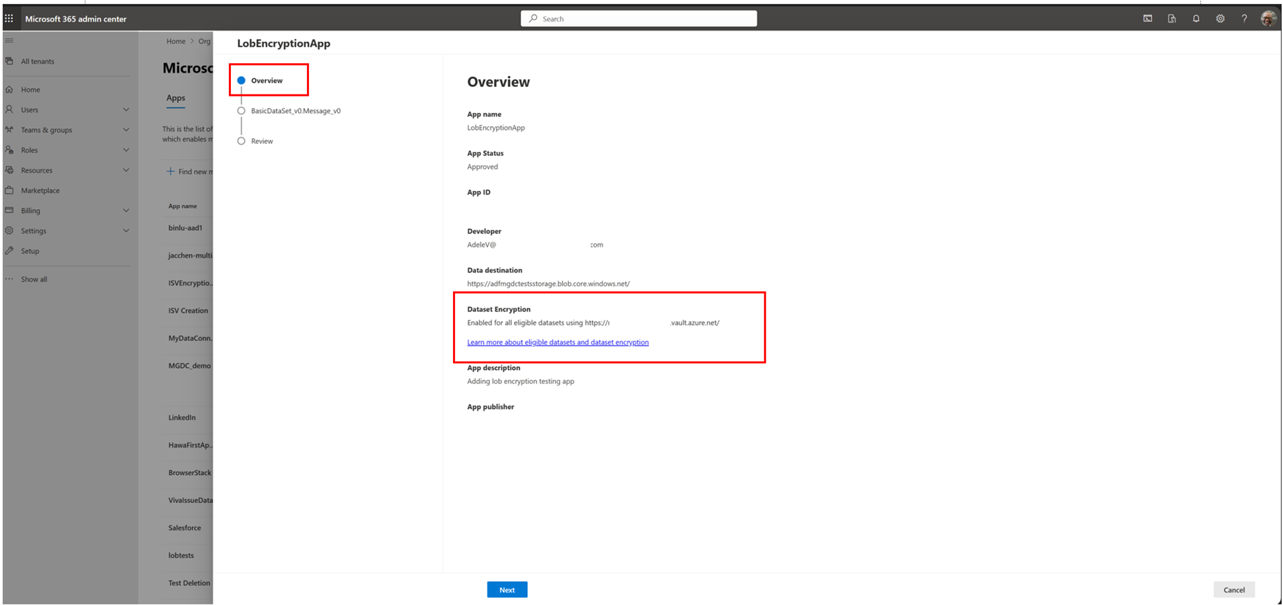 Screenshot of a Data Connect app with Overview and Dataset Encryption highlighted