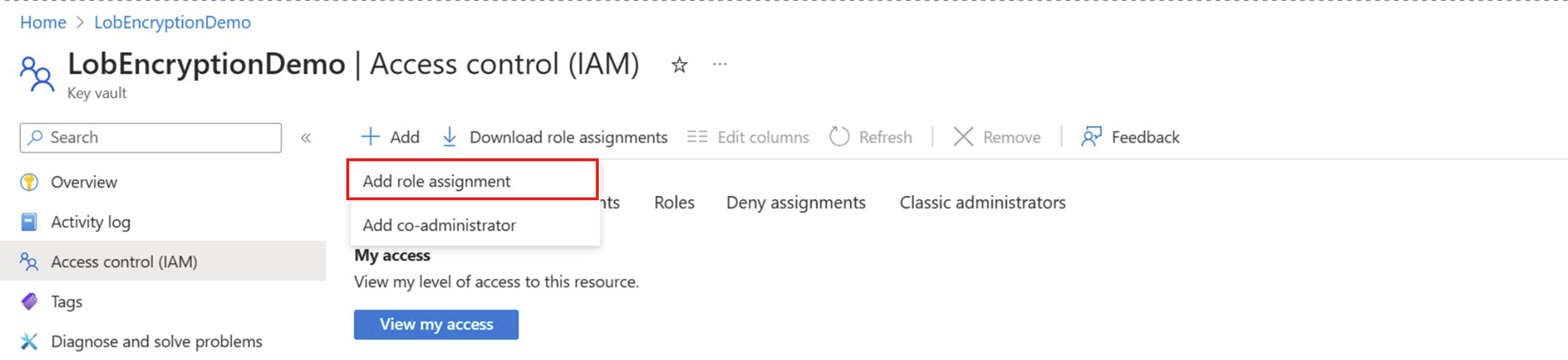 Screenshot with the Add role assignments option highlighted
