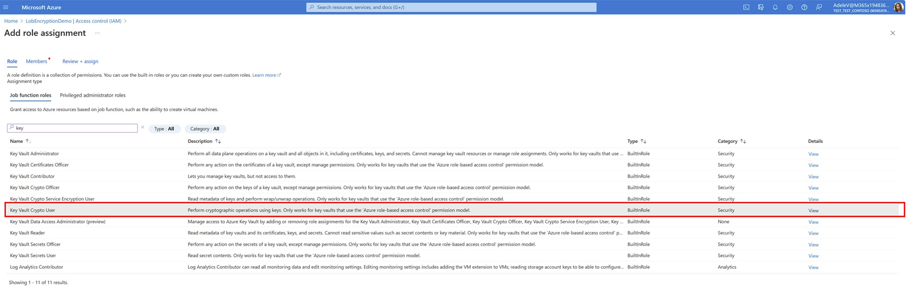 Screenshot with key vault crypto user highlighted on the role assignment page