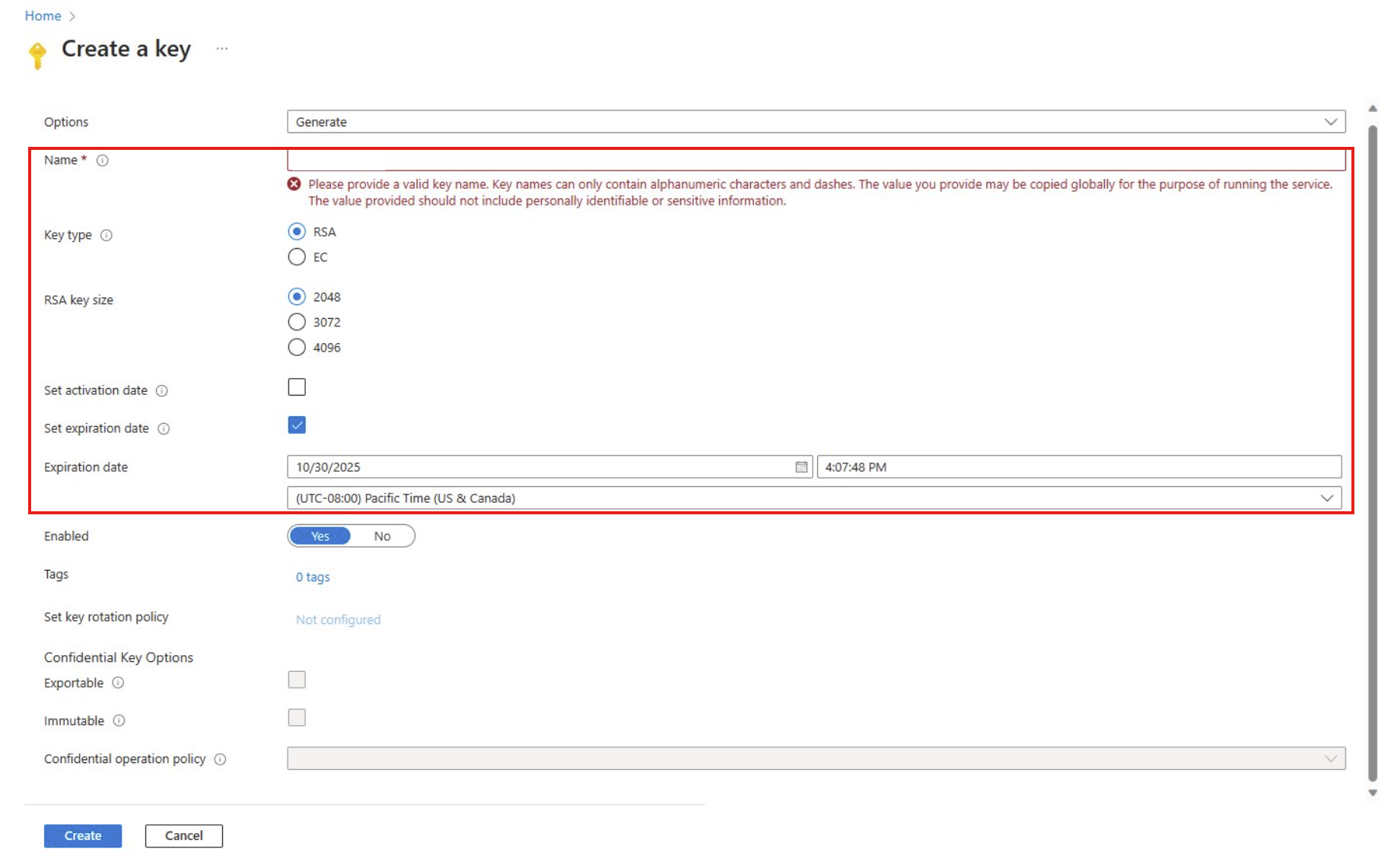 Screenshot of the Create a key page with fields highlighted