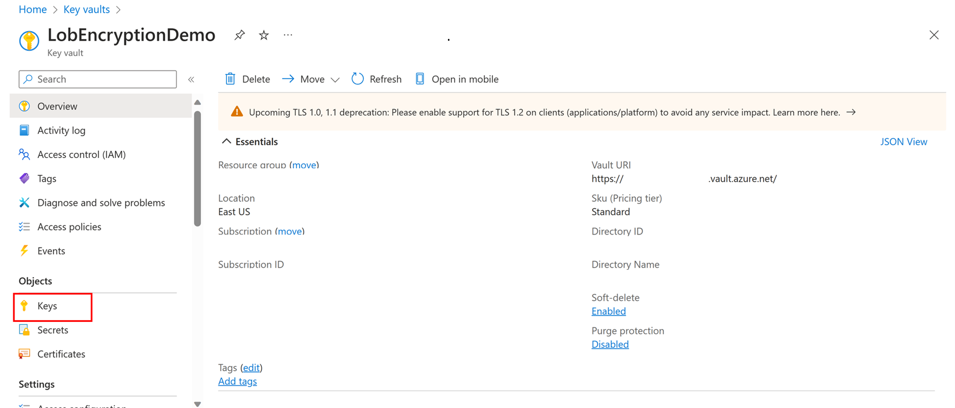 Screenshot of the left window pane with Keys highlighted
