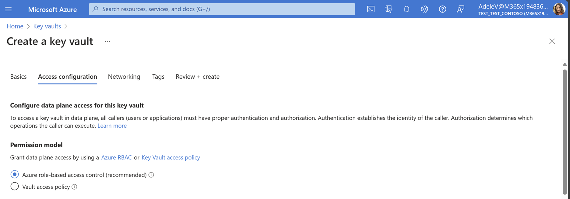 Screenshot of the Permissions model section of the AKV registration