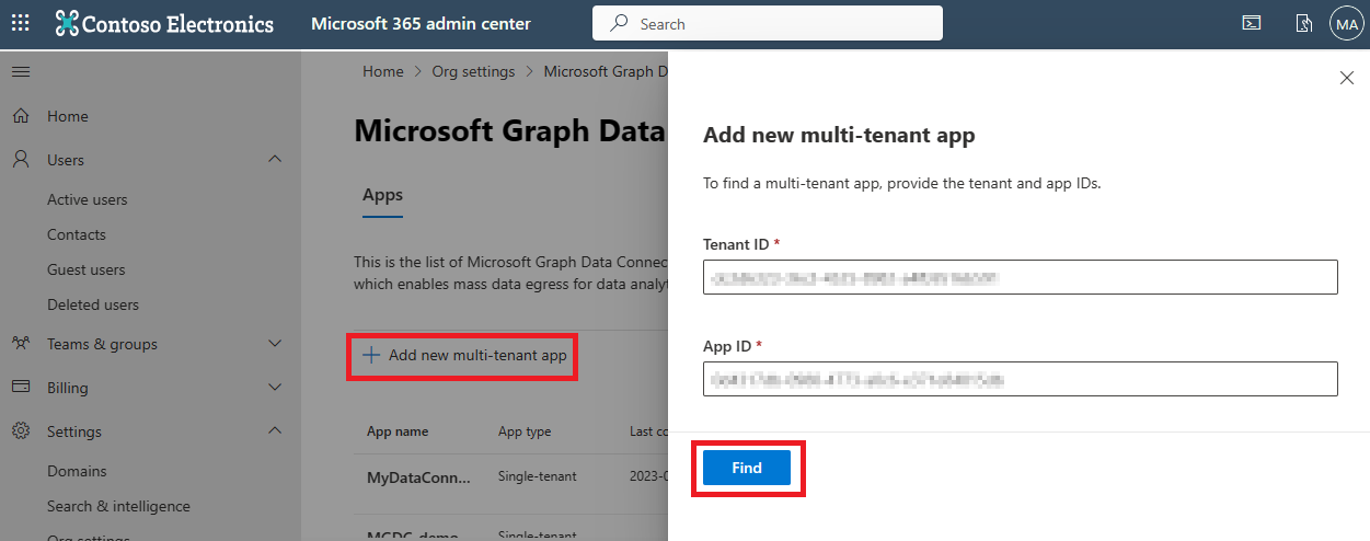 Screenshot showing page for adding a multitenant app in Data Connect portal.