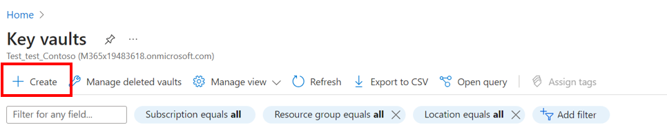 Screenshot of the Key vaults page with Create highlighted
