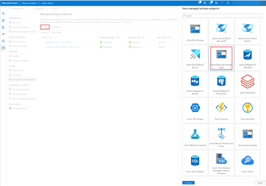 Screenshot showing the option to create a managed private endpoint with an existing storage option.