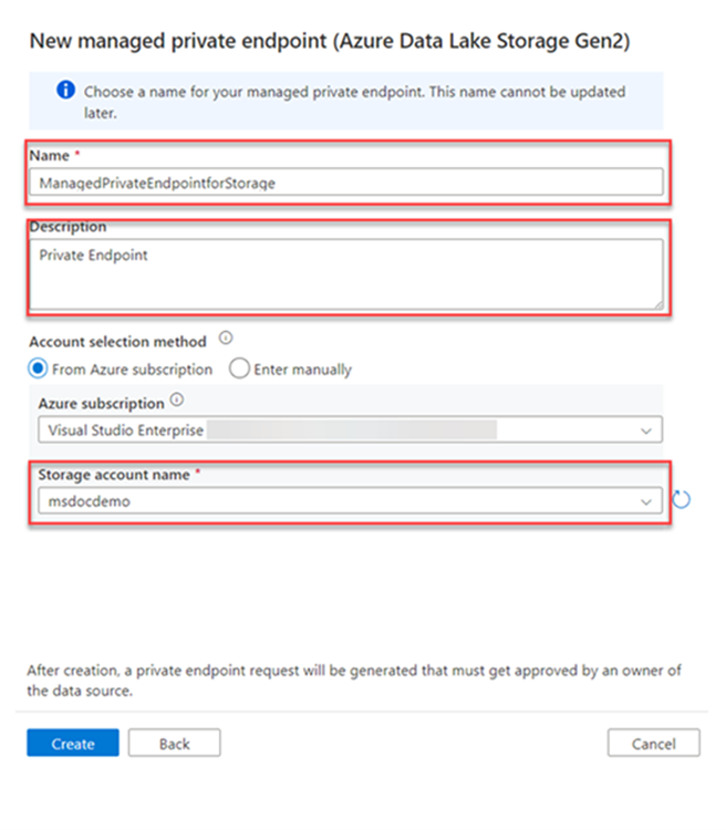 Screenshot showing how to create and name a new managed private endpoint.