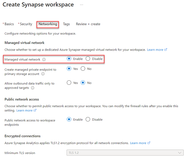 Screenshot with the Networking tab highlighted and Managed virtual network option enabled, showing the second step to create a Synapse workspace.