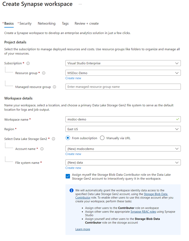 Screenshot with the Basics tab highlighted, showing the first step to create a Synapse workspace.