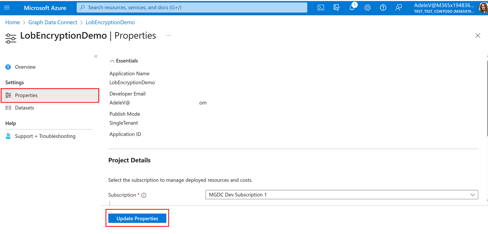 Screenshot of an existing app with Properties and Update Properties highlighted