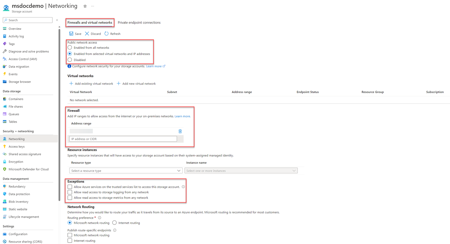 Screenshot showing the Firewalls and virtual networks tab highlighted, and configuration settings for public network access, firewall, and network rule exceptions.