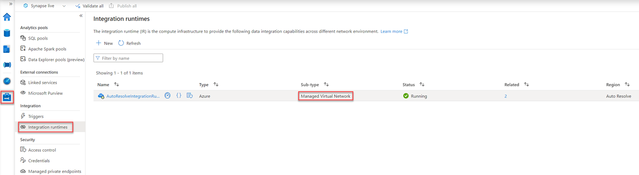 Screenshot with the Managed Virtual Network highlighted, successfully configured to available integration runtime.