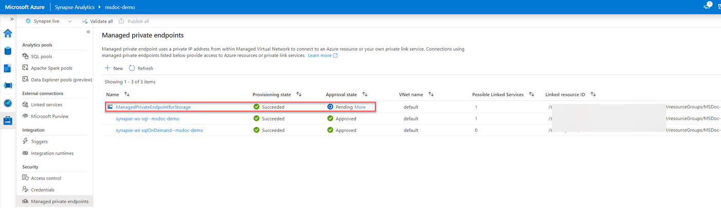 Screenshot showing the provisioning state of a new managed private endpoint.